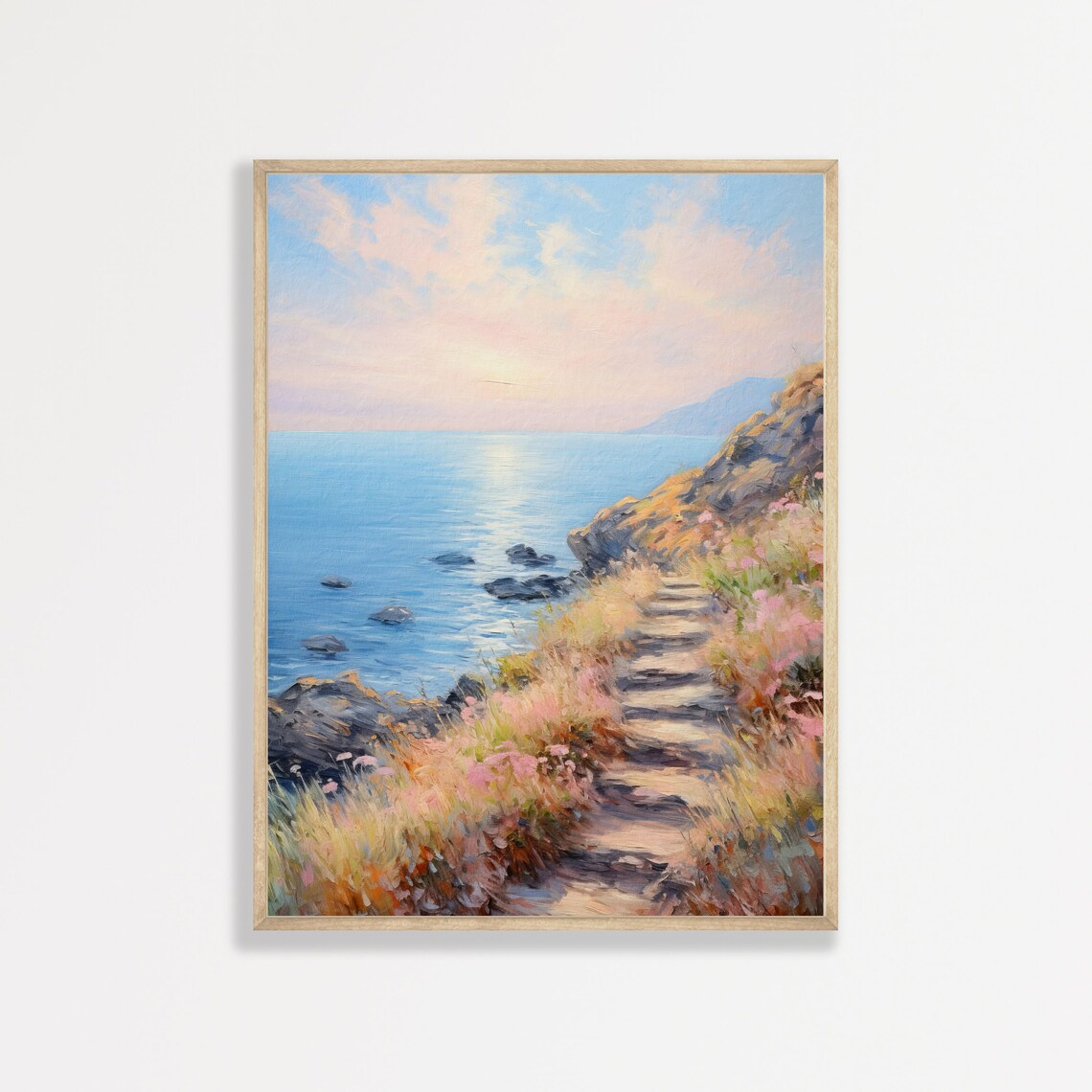 Coastal Staircase Pink Sunrise Grassy Cliffs Calm Sea Painting Poster