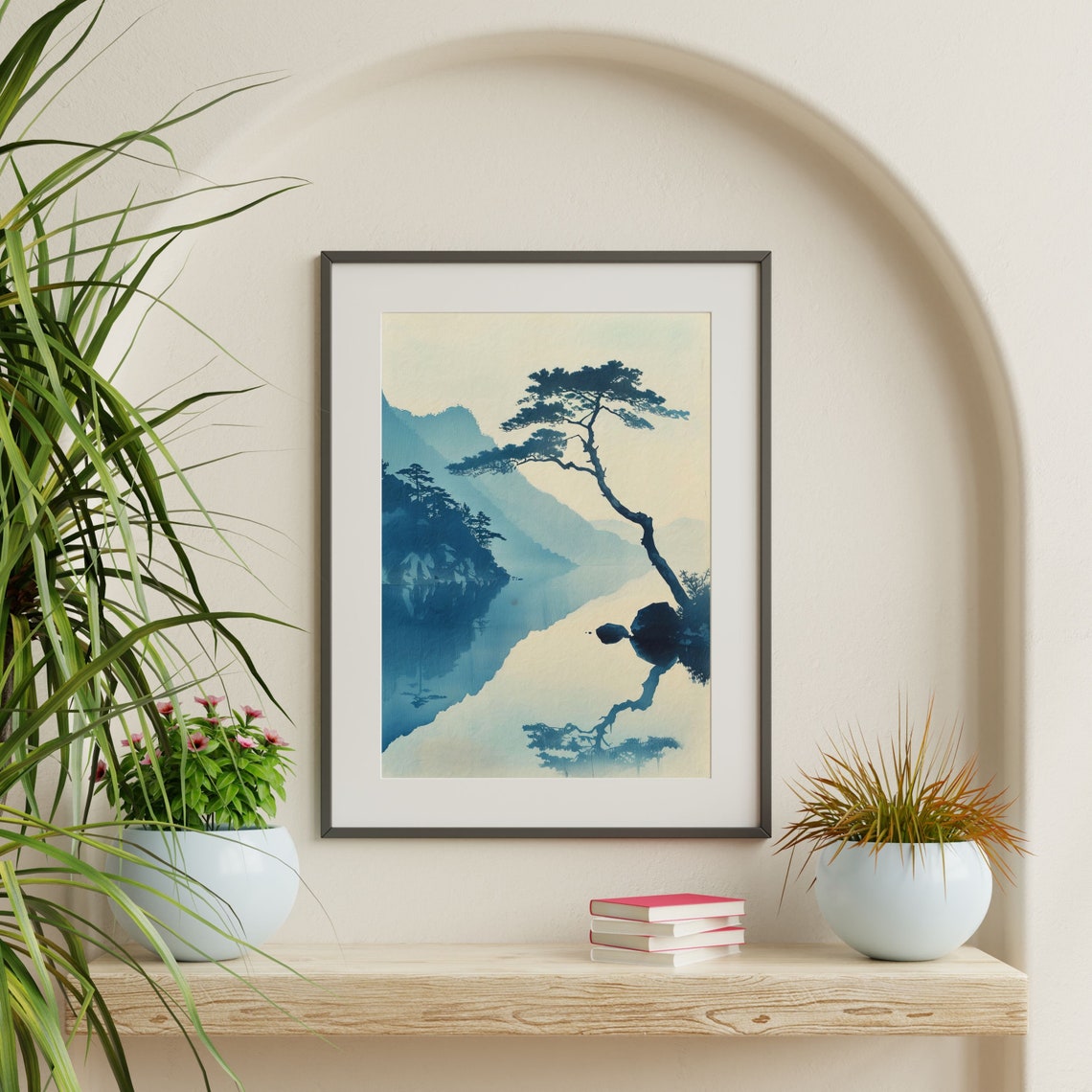Blue Pine Tree Misty Mountains Japanese Woodblock Style Travel Poster - Image 2