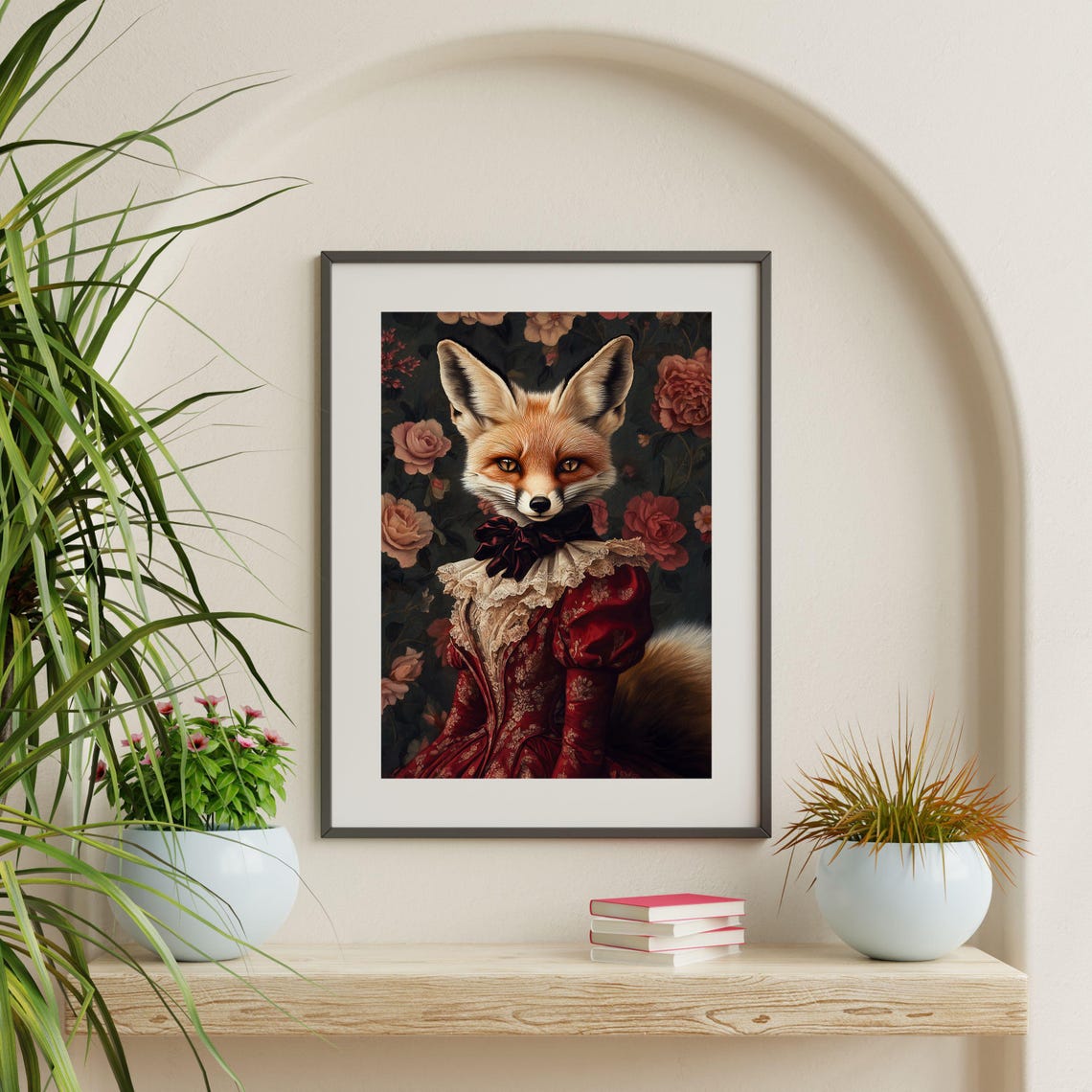 Red Fox Victorian Portrait Red Velvet Gown Moody Floral Art Poster - Image 2