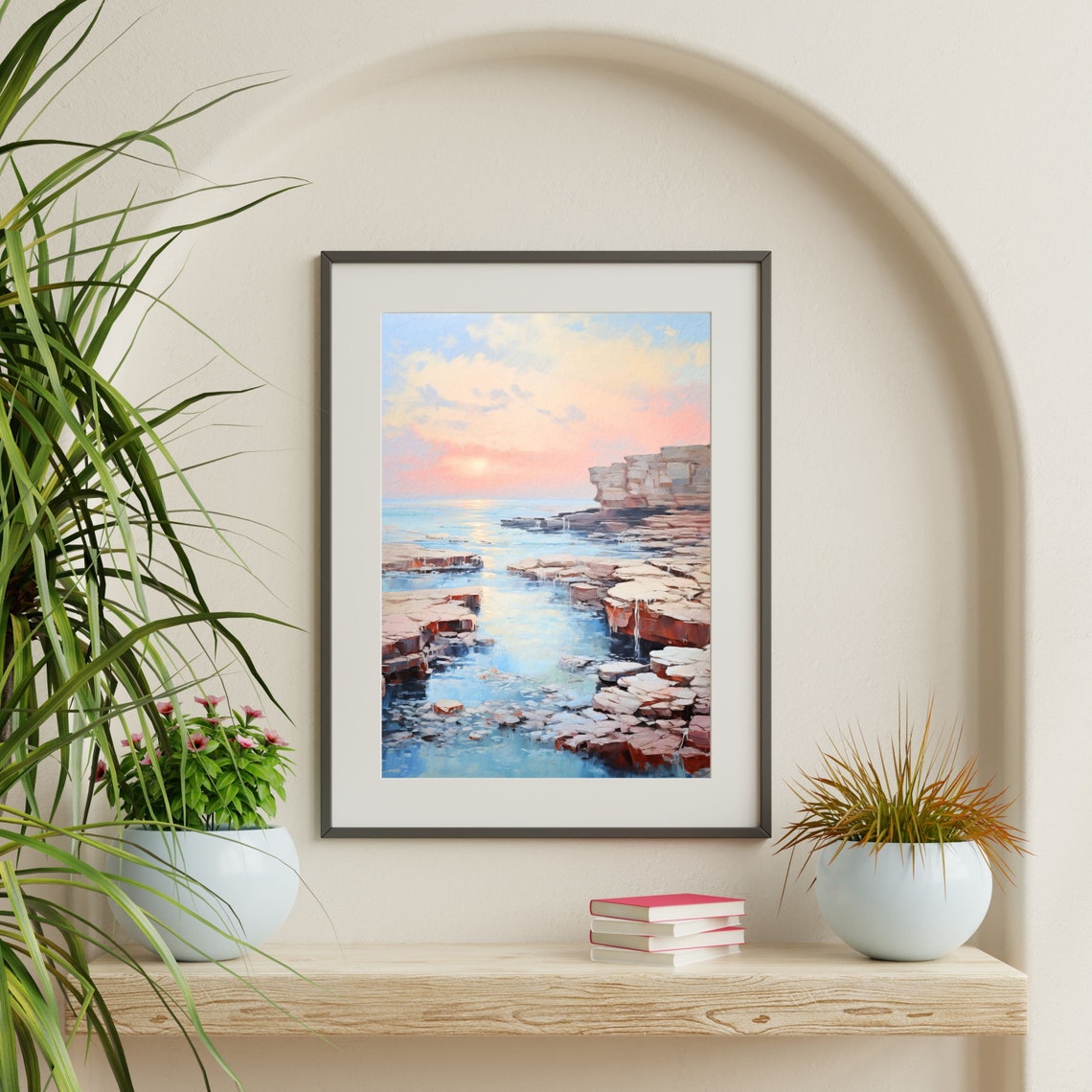 Pink Rocky Shore Sunset Ocean Rocks Pastel Coastal Landscape Poster - Image 2