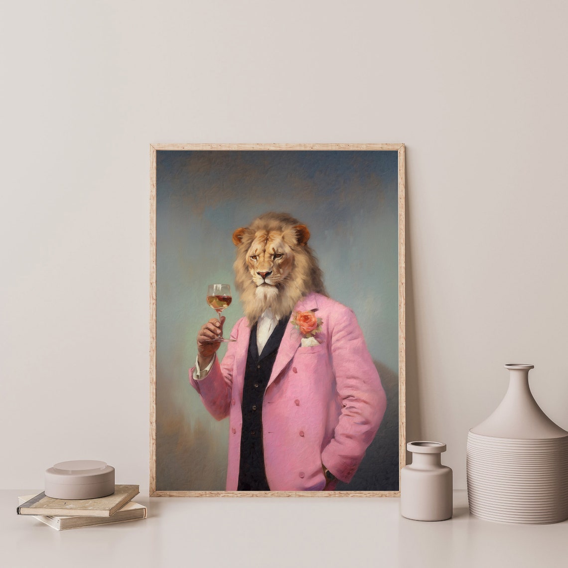 Lion in a Pink Suit Holding a Wine Glass Whimsical Portrait Wall Art - Image 3