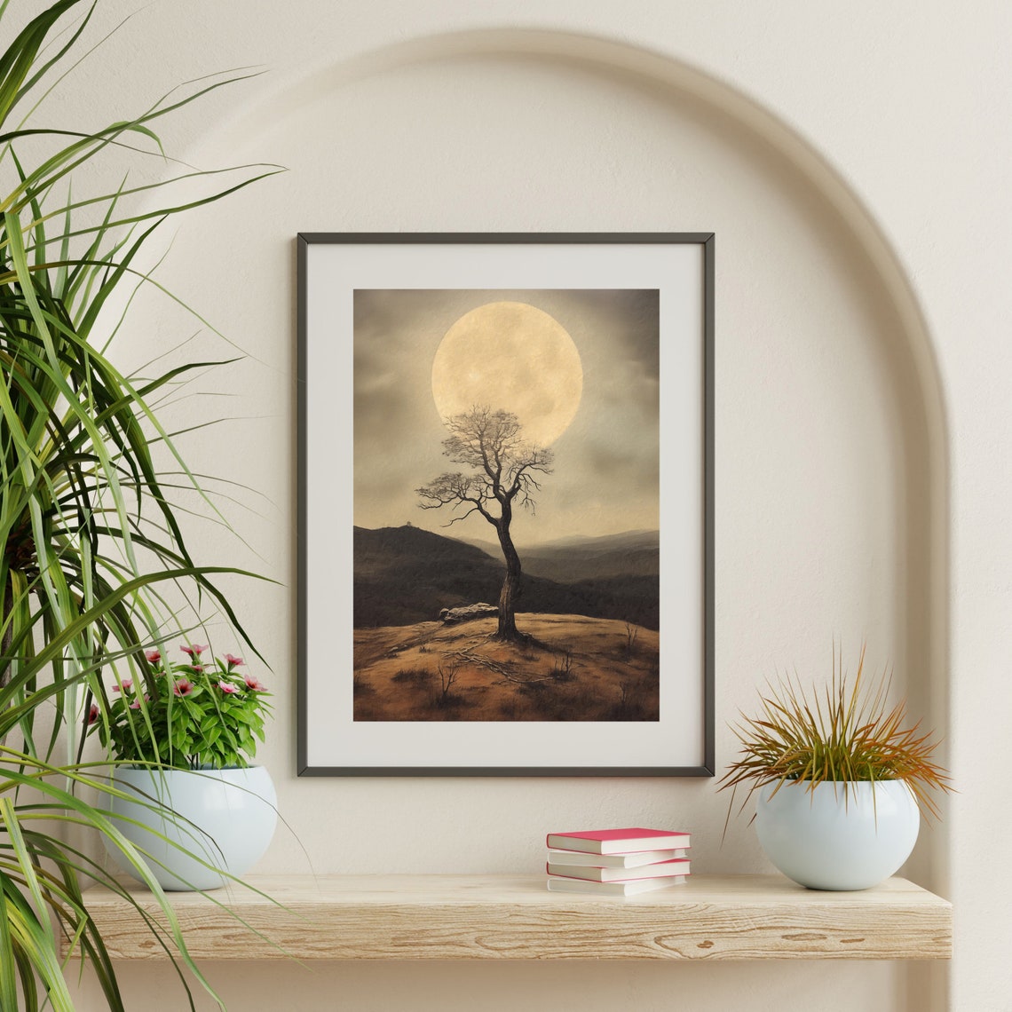 Lone Tree Silhouette Under a Giant Moon Night Sky Landscape Poster - Image 2