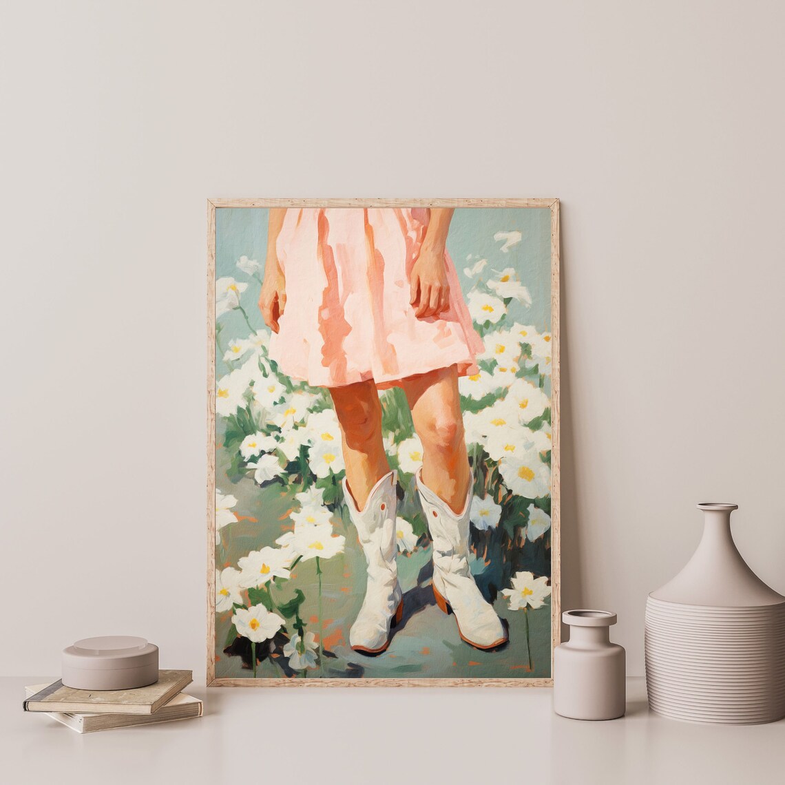 Cowgirl White Boots Pink Dress Daisy Field Retro Wall Art Poster - Image 3