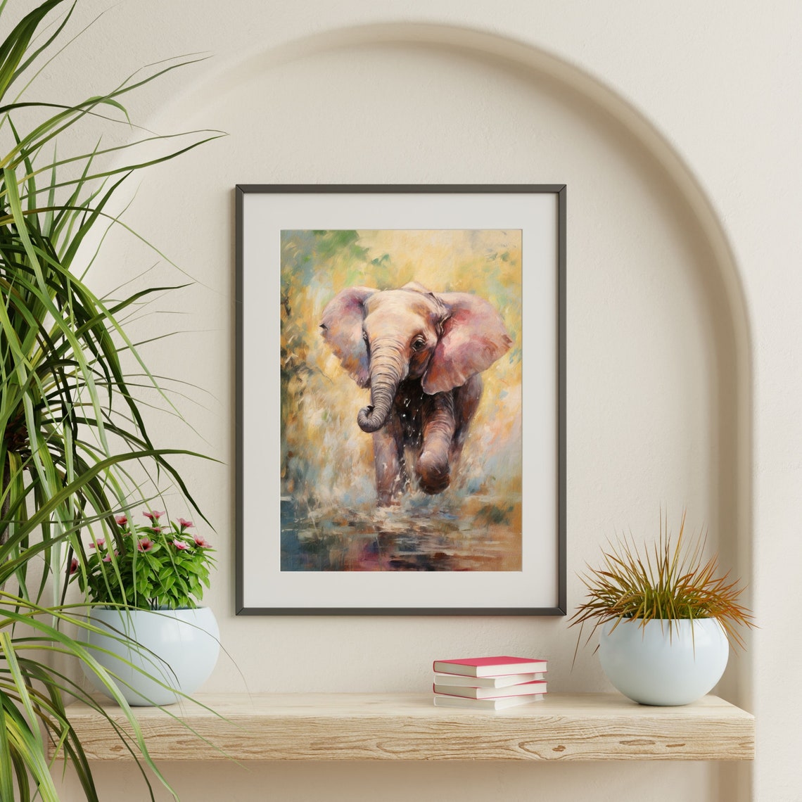 Baby Elephant Playing In Water Colorful Wildlife Nursery Art Print - Image 2