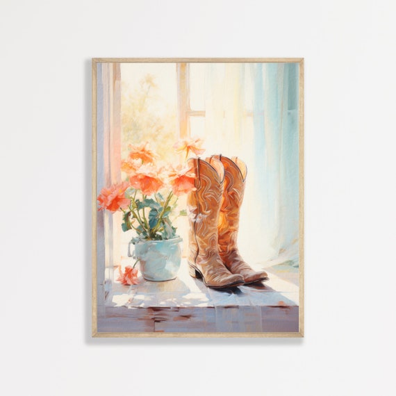 Country Boots Painting Western Cowgirl Wall Art Country Farmhouse Decor Trendy Retro Pastel Wall Decor P 622