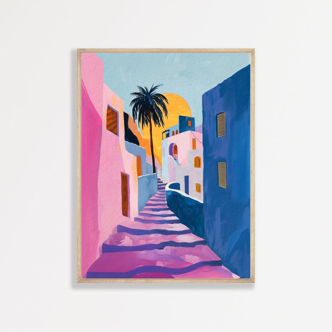 Greece Summer Street Pink Blue Buildings Palm Sunset Travel Poster