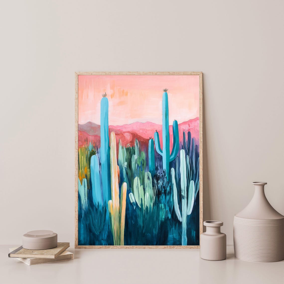 Teal Desert Cactus Sunset Pink Sky Saguaro Landscape Travel Poster - Image 3