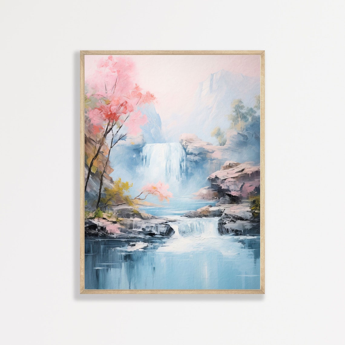 Waterfall Pink Blossom Tree Misty Mountains Blue Pool Painting Poster