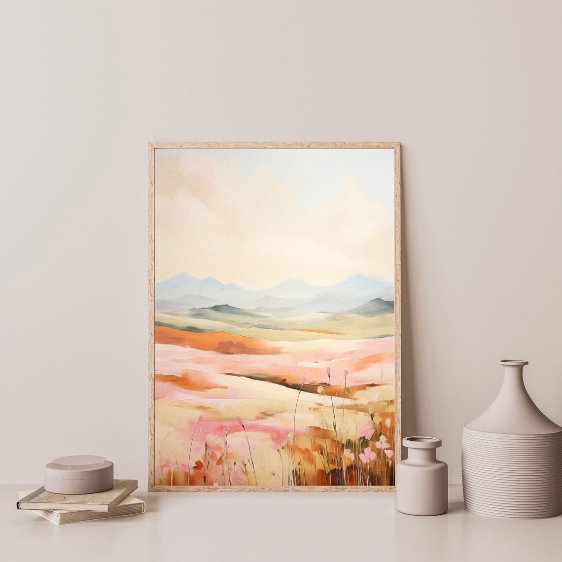 Pastel Pink and Orange Hills Abstract Landscape with Mountains Print - Image 3