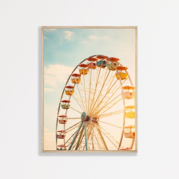 Retro Ferris Wheel, Pastel Oil Painting Art Print