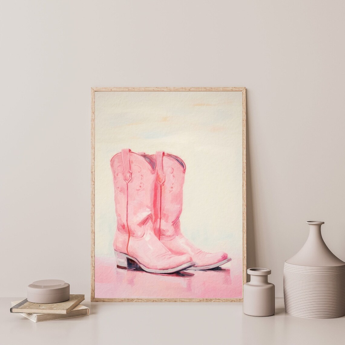 Pink Cowgirl Boots, Pastel Minimal Retro Art Print - Image 3