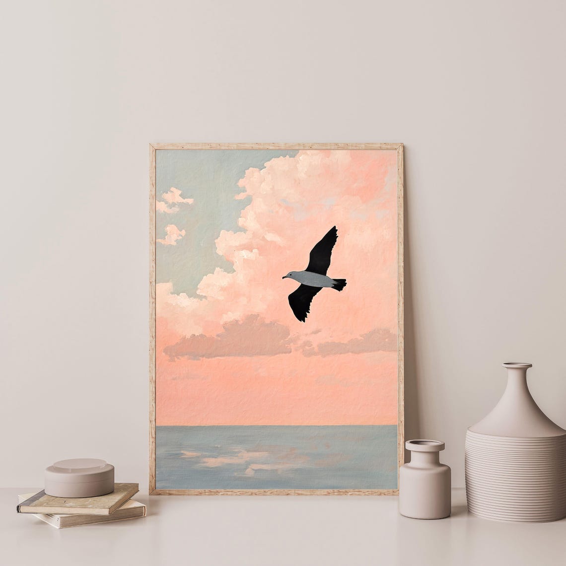 Flying Seagull Pastel Pink Sunset Clouds Calm Ocean Bird Art Poster - Image 3