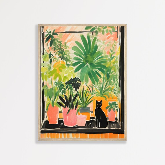 Black Cat Window Plants Colorful Botanical Kitchen Eclectic Wall Art Print