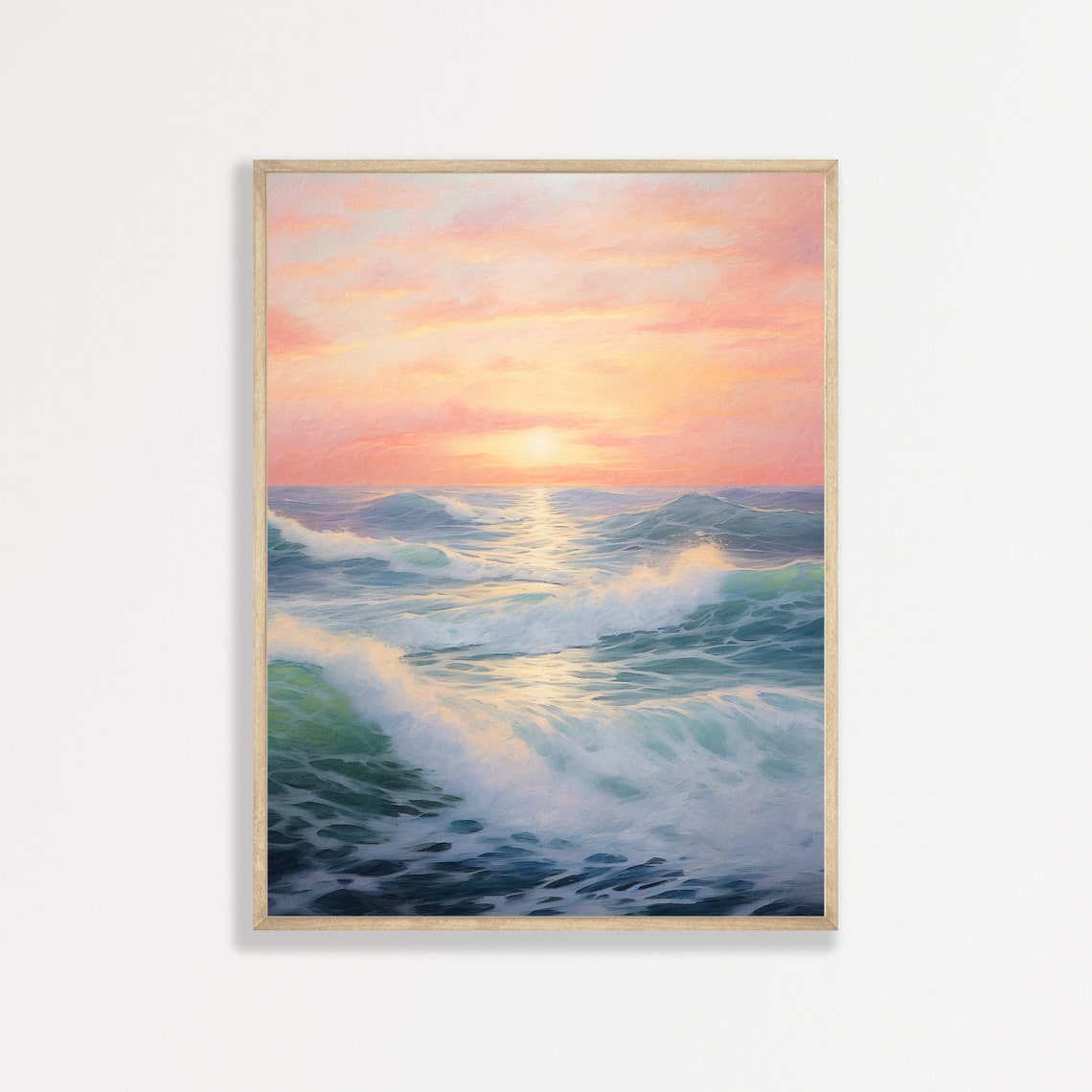 Pastel Sunset Ocean Waves Golden Sky Coastal Seascape Wall Art