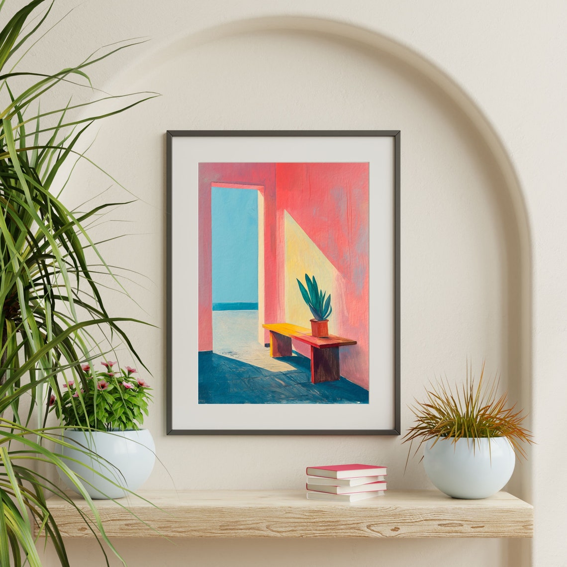 Pink Minimal Interior Blue Sea Door Bench Modern Abstract Poster - Image 2