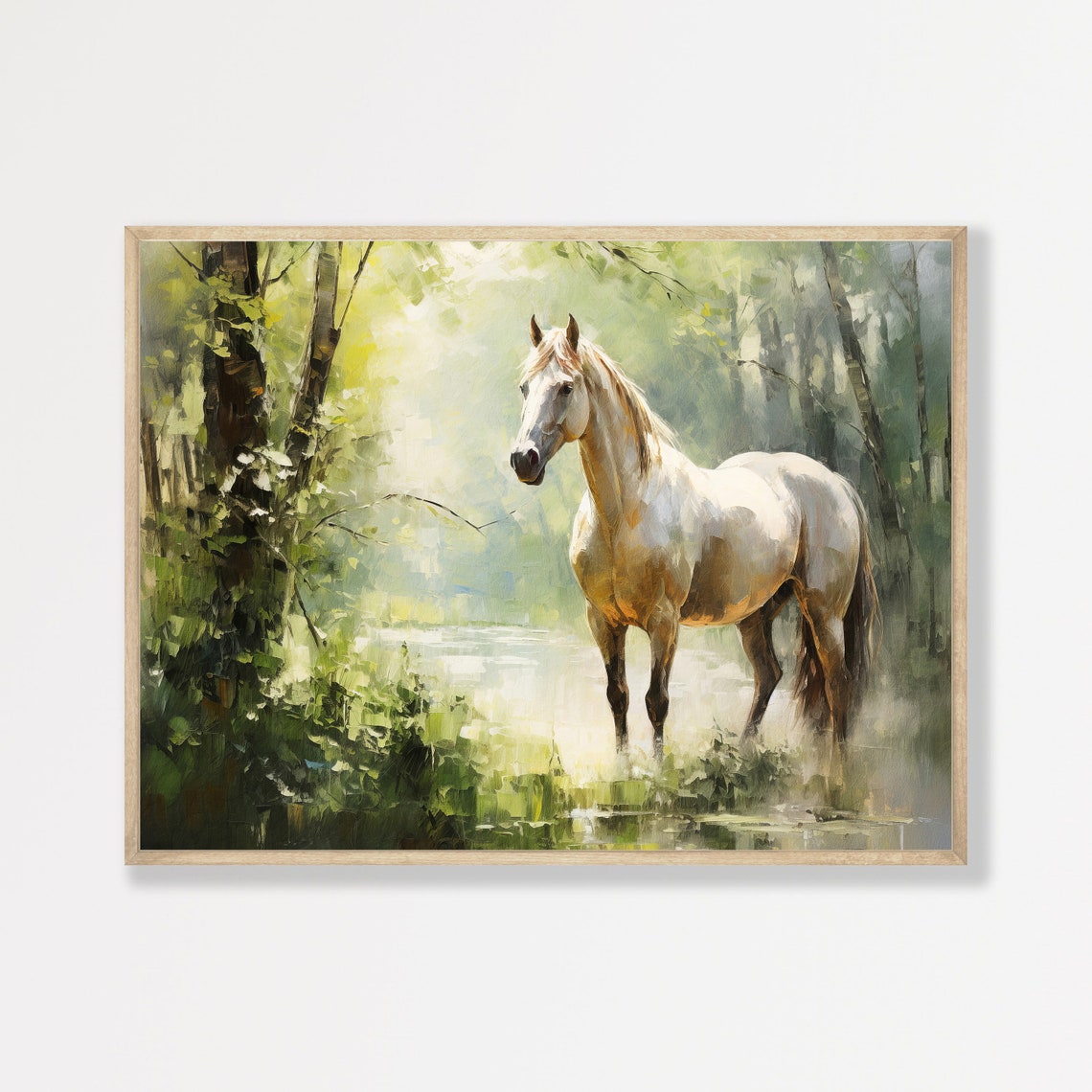 White Horse Sunlit Forest Misty Woodland Impressionist Equine Poster