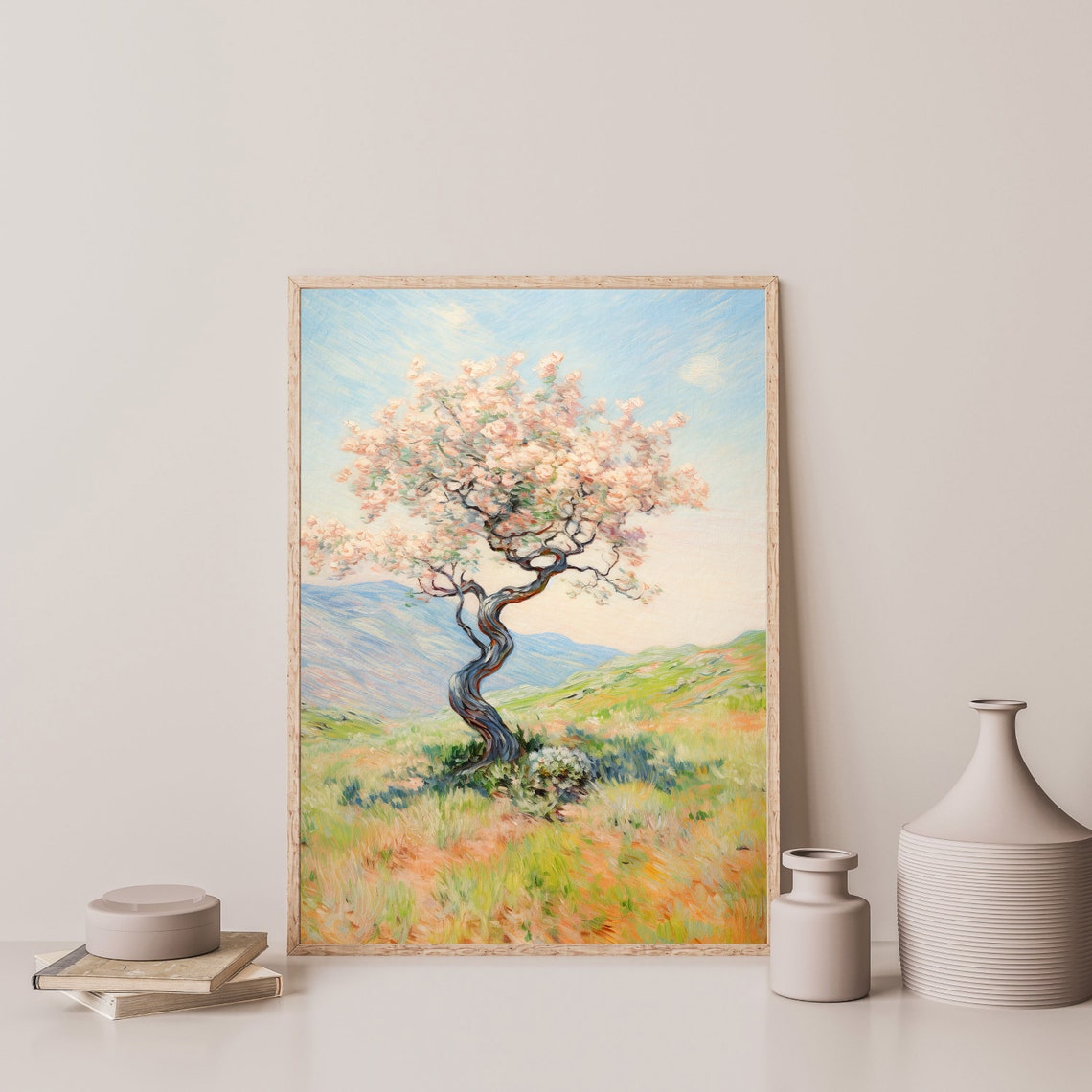 Twisted Blossoming Tree on Rolling Hills Impressionist Spring Poster - Image 3