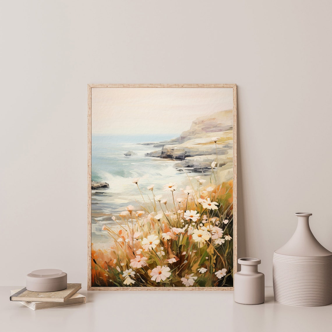 Coastal Cliffs with Wild Daisies Overlooking the Ocean Wall Art Print - Image 3