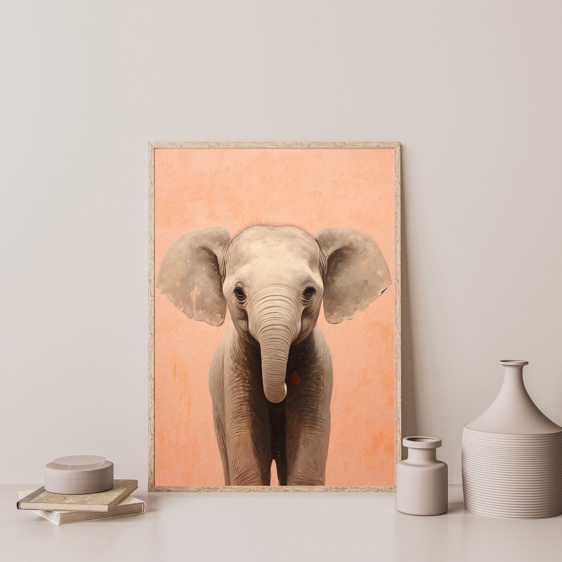Baby Elephant Portrait Peach Background Cute Nursery Safari Animal Poster - Image 3