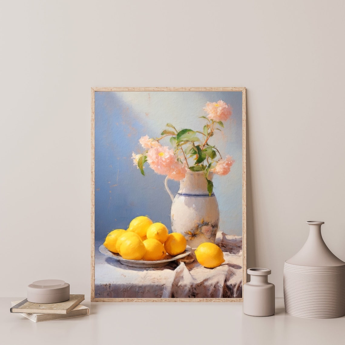 Lemons White Pitcher Pink Flowers Vintage Still Life Art Poster - Image 3