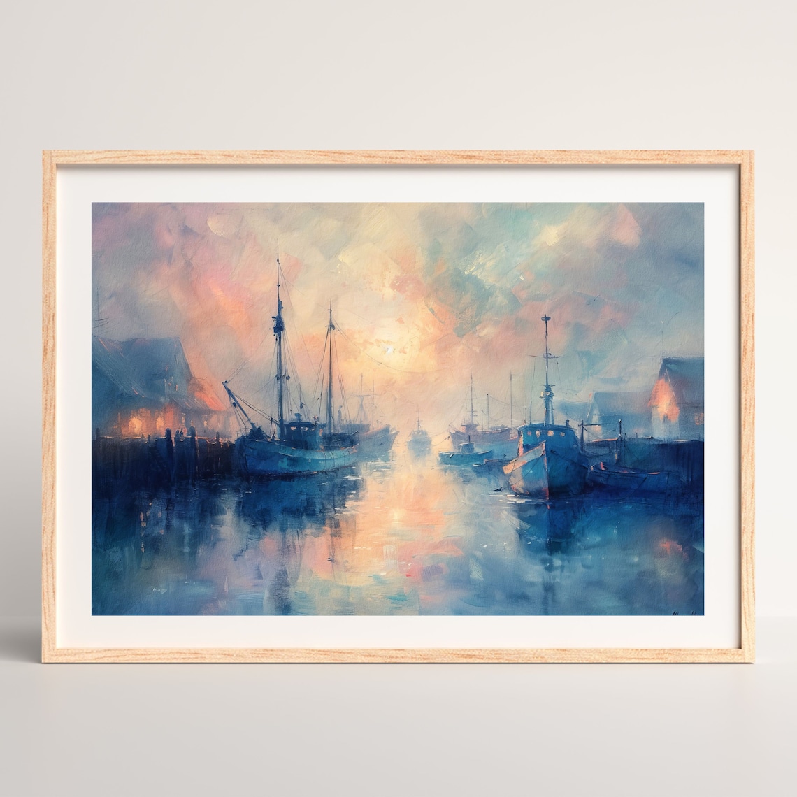 Misty Harbor Sailboats Sunset Reflection Moody Coastal Art Poster - Image 2