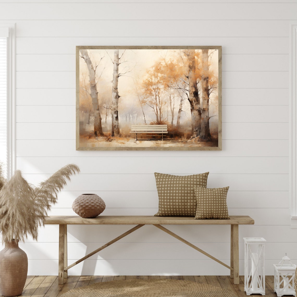 Autumn Birch Forest with White Bench in Golden Mist Wall Art Print - Image 3