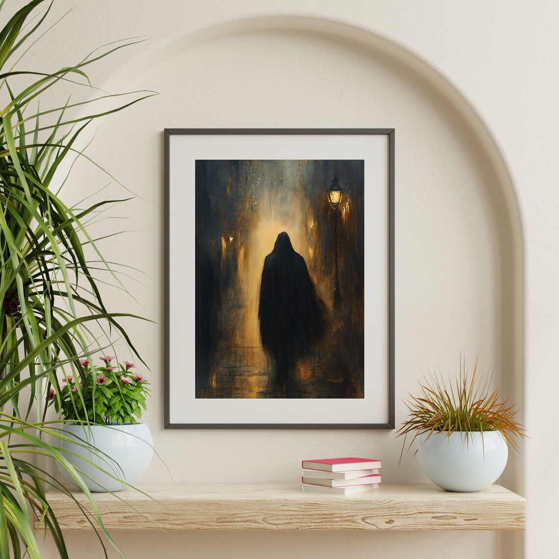 Misty Night Wanderer Cloaked Figure Lantern Street Moody Art Poster - Image 2
