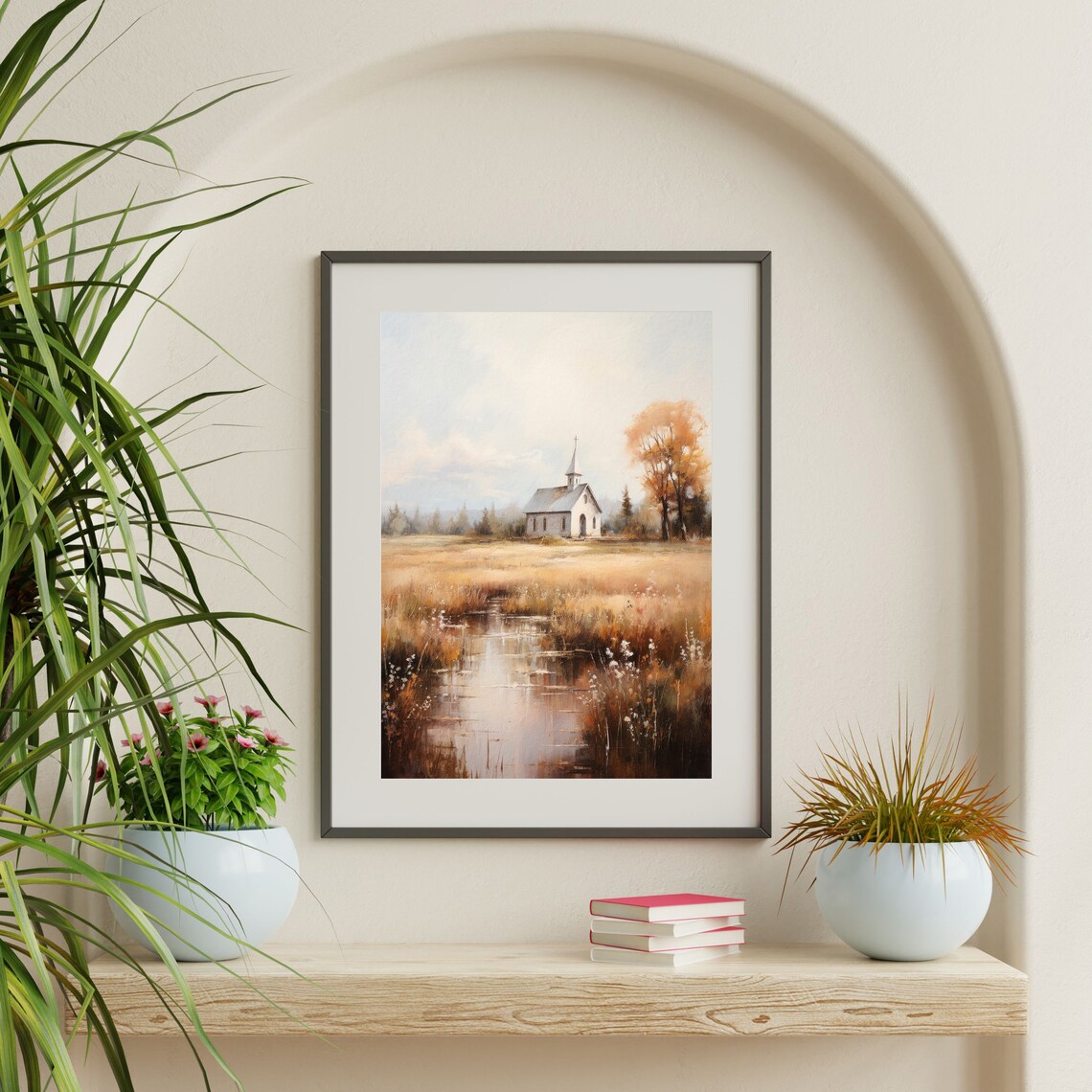 White Country Chapel Autumn Field Pond Reflection Peaceful Church Poster - Image 2