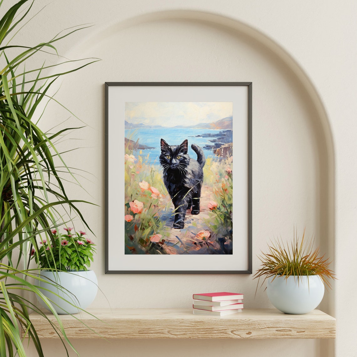Black Cat on a Coastal Flower Path by the Sea Whimsical Wall Art - Image 2