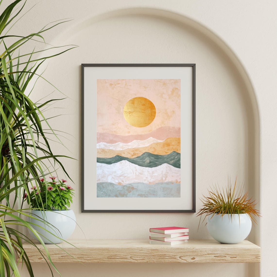 Pastel Mountains Golden Sun Layered Peaks Soft Abstract Art Poster - Image 2