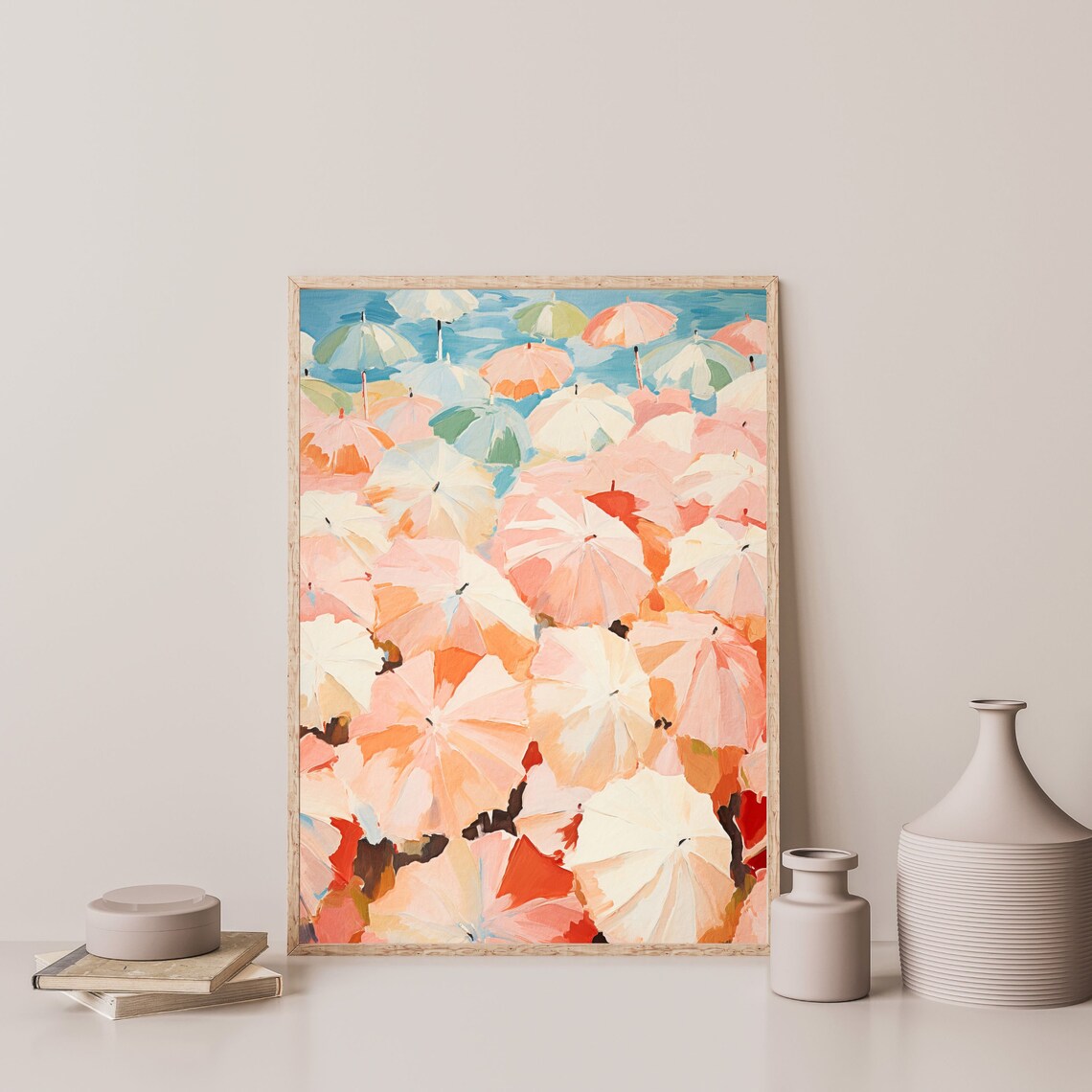 Beach Umbrella Painting, Retro Pastel Coastal Poster - Image 3