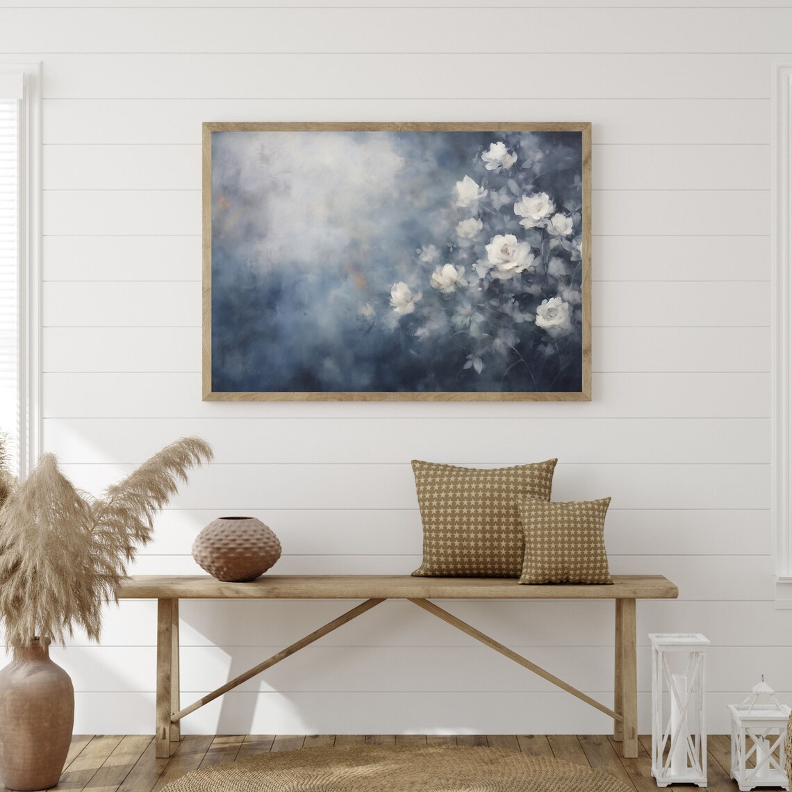 Dark Blue Floral Still Life with White Roses Vintage Painting Poster - Image 3