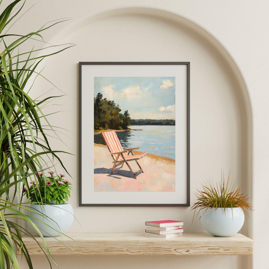 Vintage Striped Beach Chair Quiet Lake Shore Summer Wall Art - Image 2