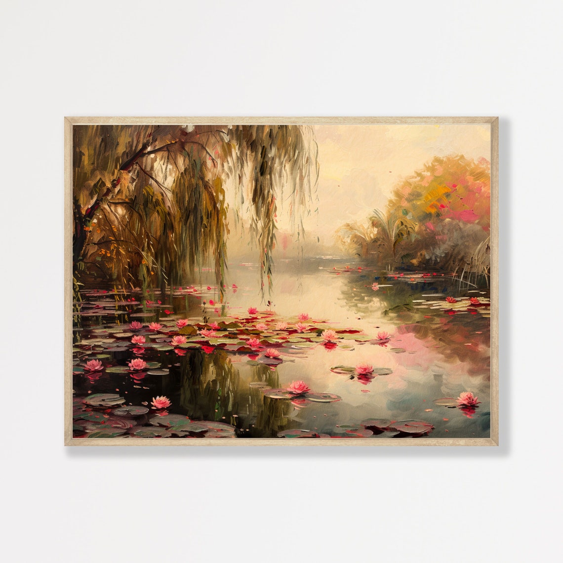 Lake Waterlilies Painting Retro Moody Countryside Wall Art Dark Aesthetic Landscape Cottage Decor P 520