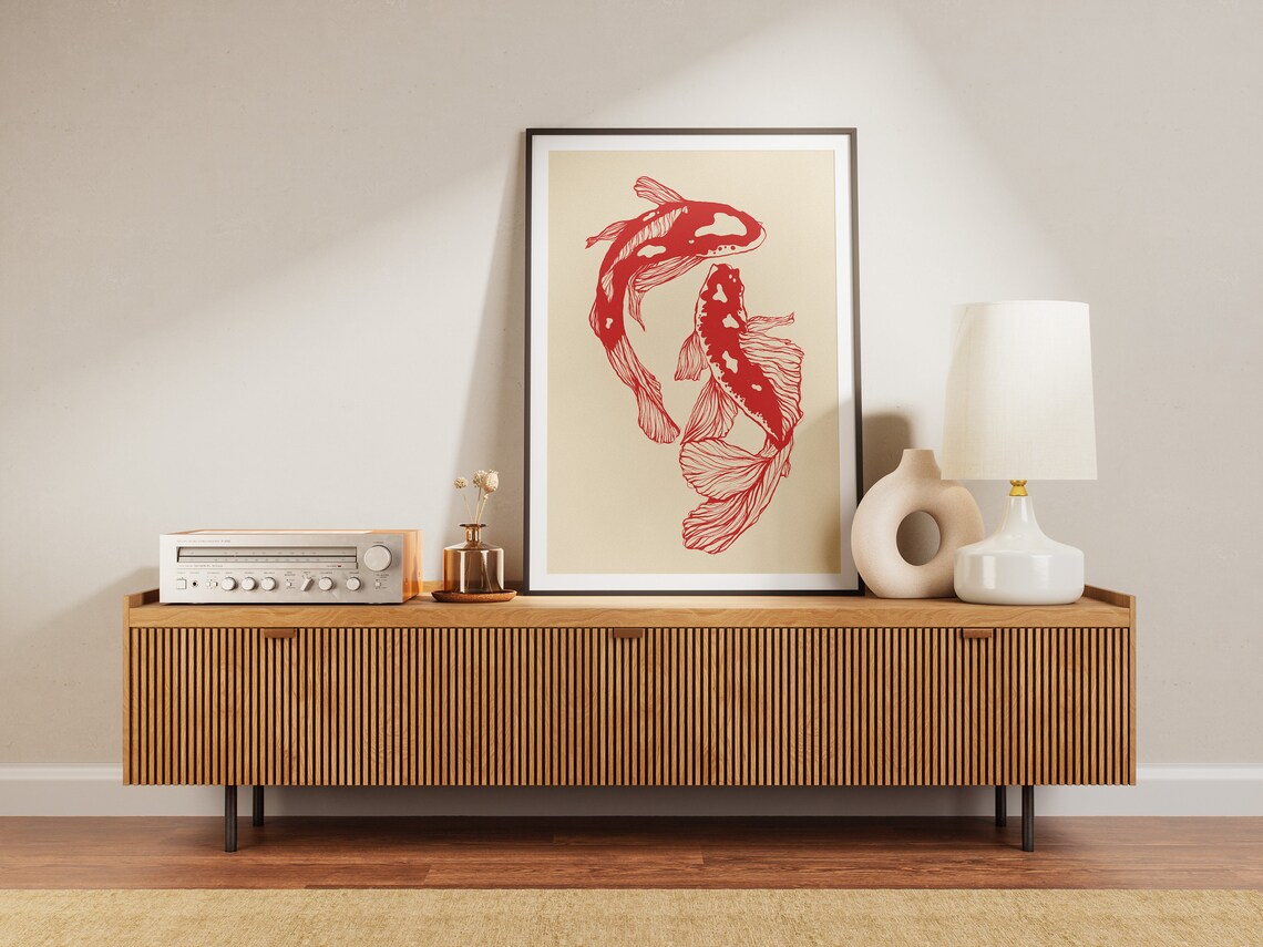 Red Koi Fish Japanese Minimalist Poster, Twin Carp Ink Line Art Decor - Image 3