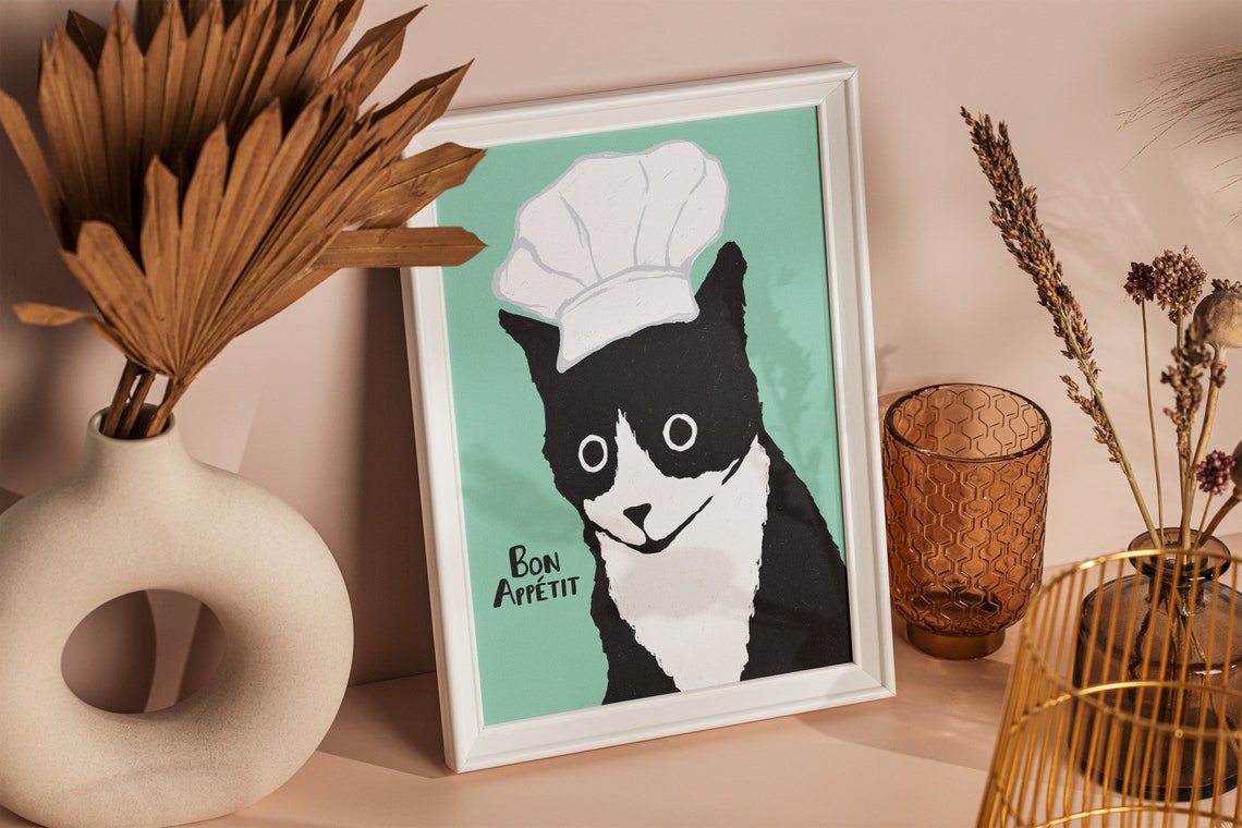Bon Appetit Chef Cat Mint Green Funny Kitchen Decor Art Print - Image 2