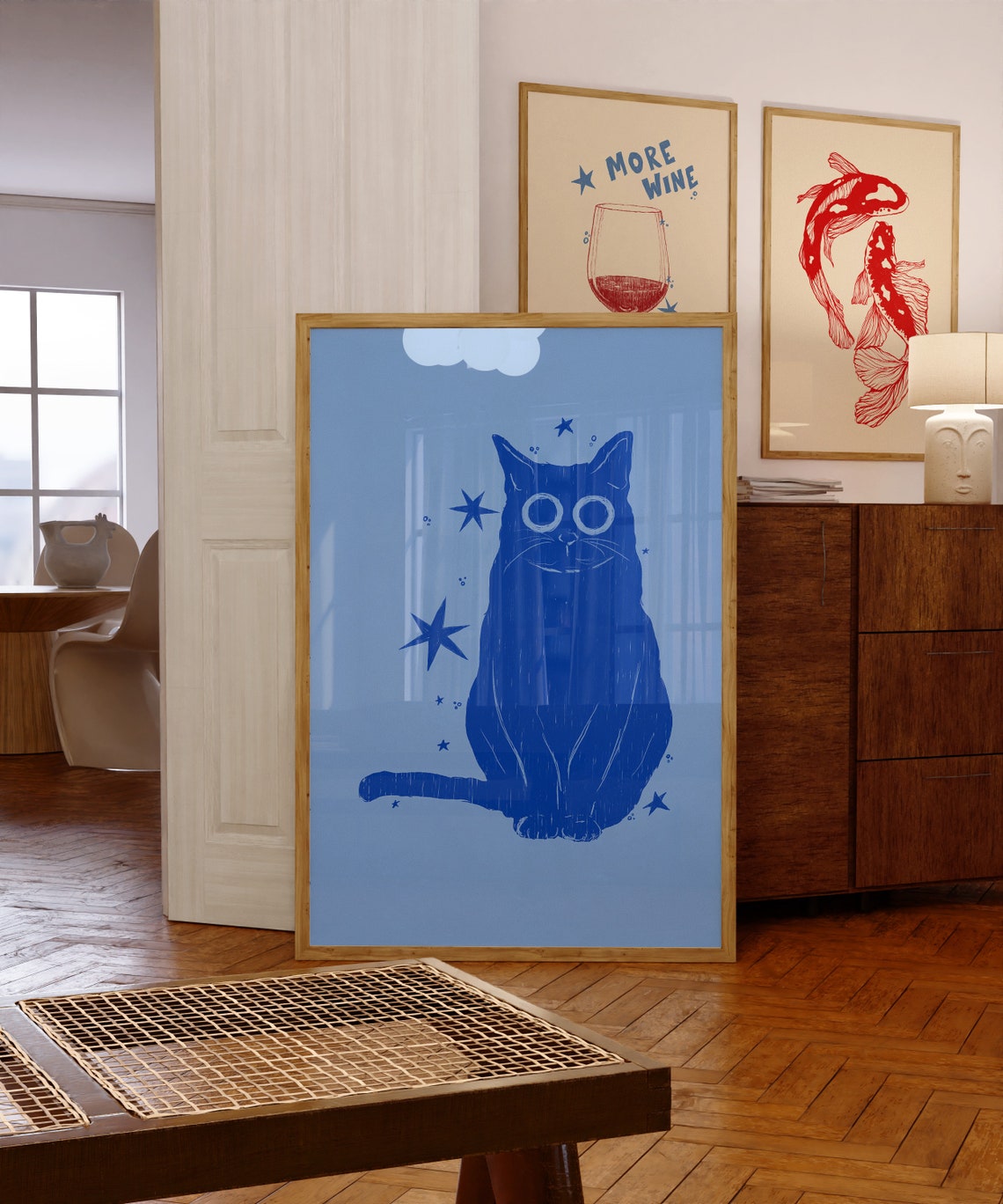 Midnight Blue Cat Stars Celestial Whimsical Cat Lover Art Poster - Image 6