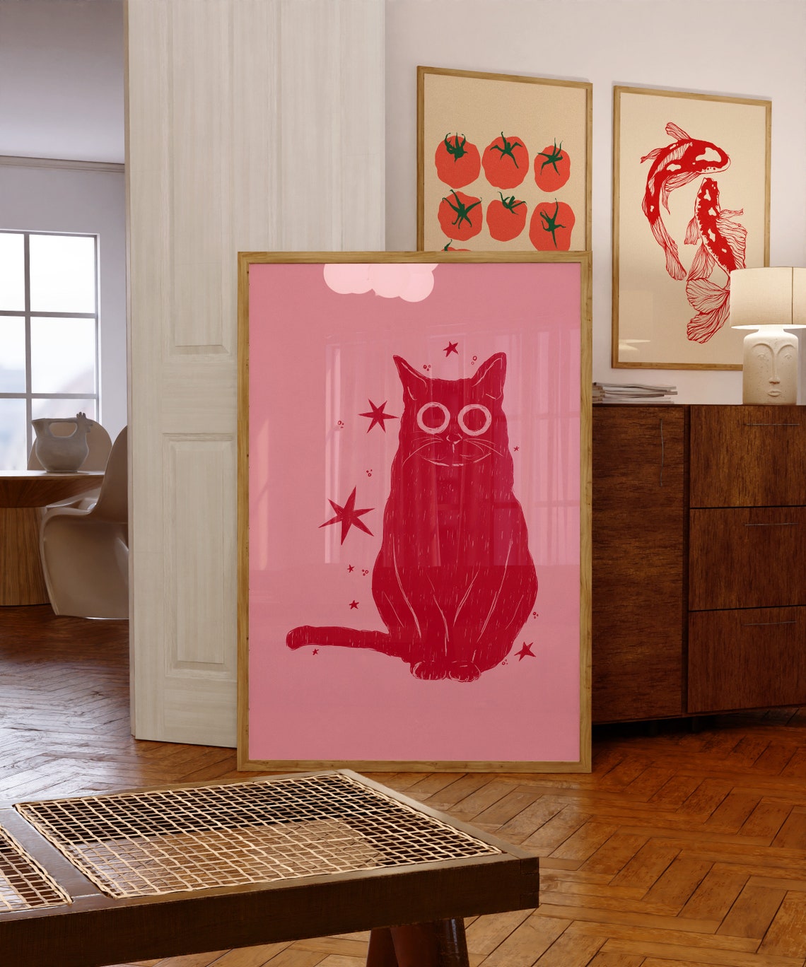 Red Cat Stars Pink Background Whimsical Cat Lover Art Poster - Image 6