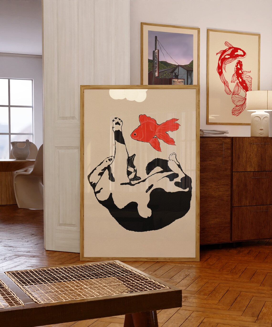 Playful Cat Reaching Red Goldfish Black White Funny Cat Poster - Image 6