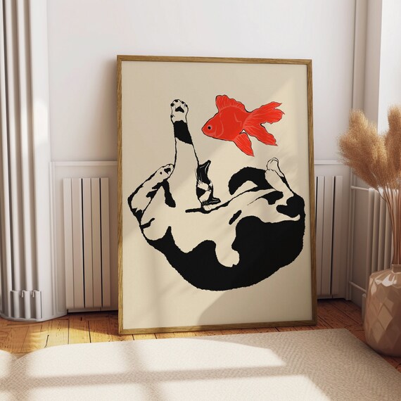 Cat And Goldfish Print Cat Wall Art Trendy Wall Decor Cute Art Print Digtial Art Print Home Decor Quirky Decor Cute Cat Print