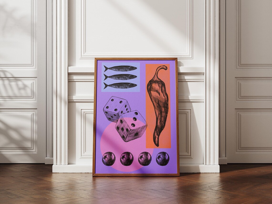 Trippy Collage Dice Fish Chili Pepper Purple Funky Art Poster - Image 3