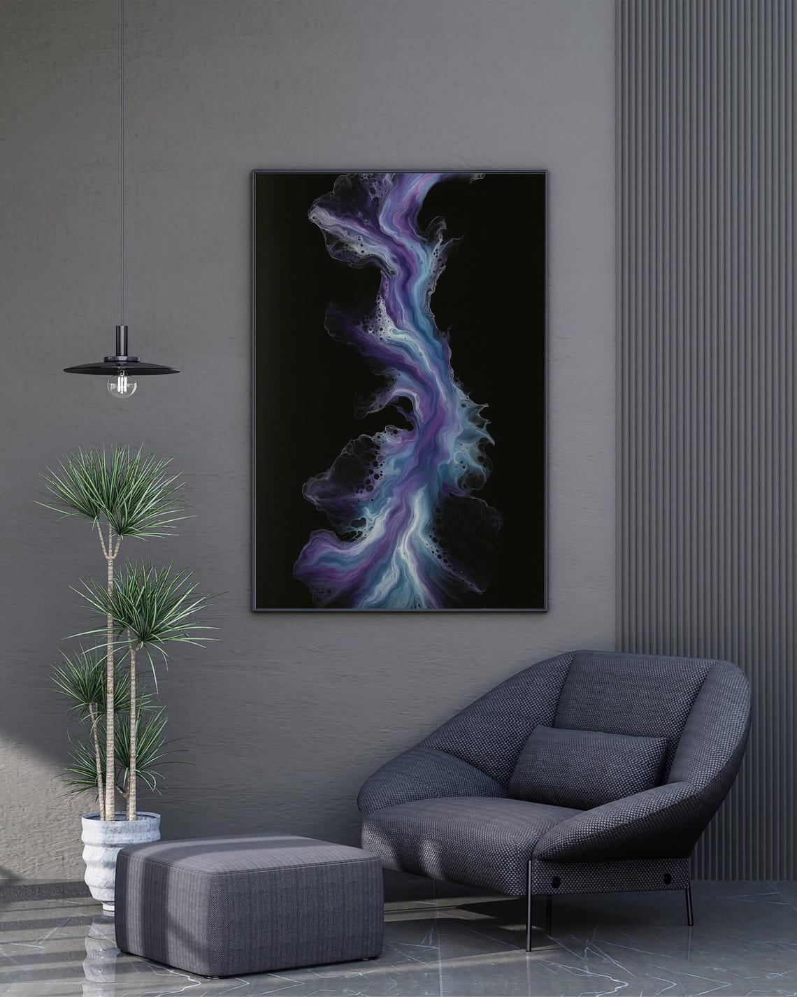 Purple Blue Fluid Abstract Painting On Black Canvas Modern Wall Print