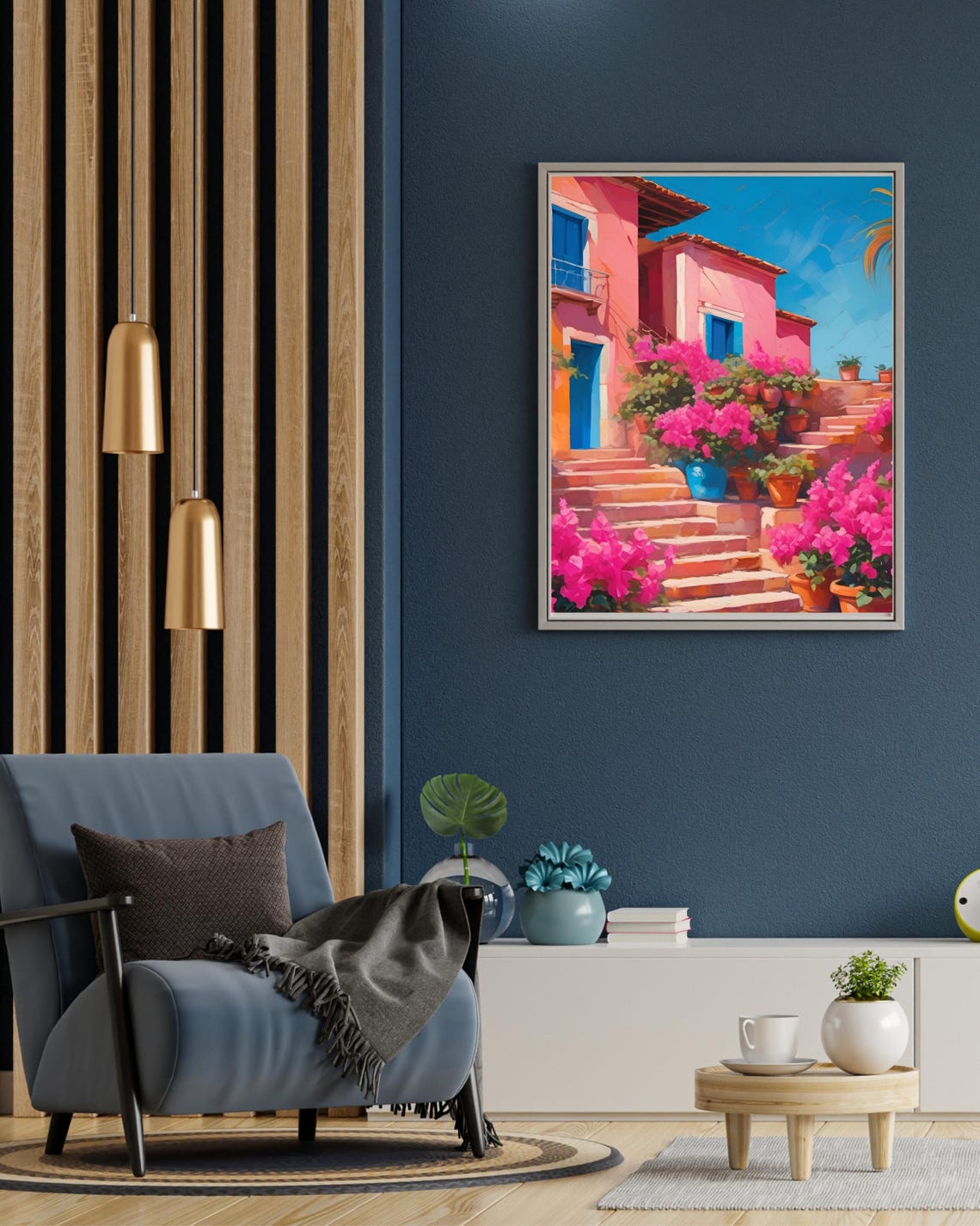 Colorful Mediterranean Staircase Pink Houses Bougainvillea Wall Art
