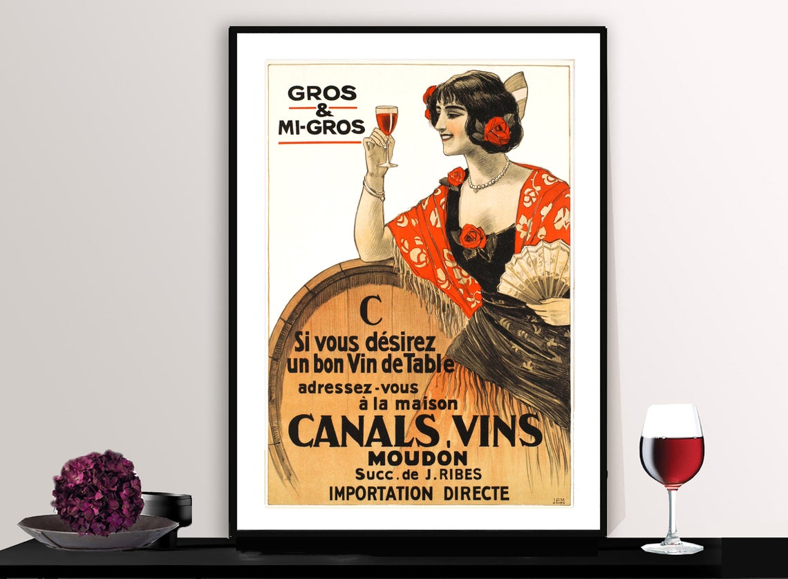 Canals Vins Moudon Gros Mi Gros French Wine Table Vintage Ad Poster