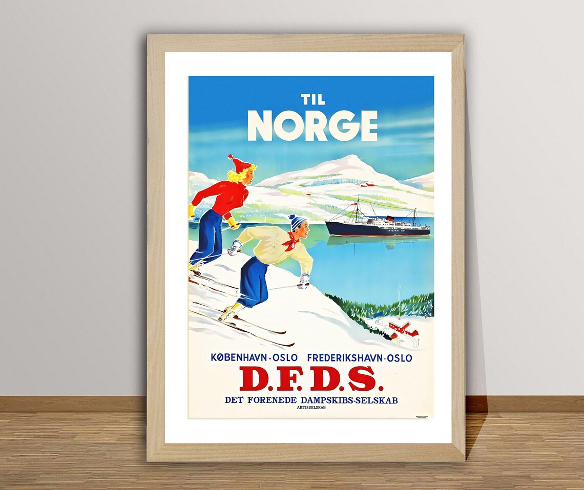 Vintage Norway Ski Poster, Oslo and Copenhagen Route