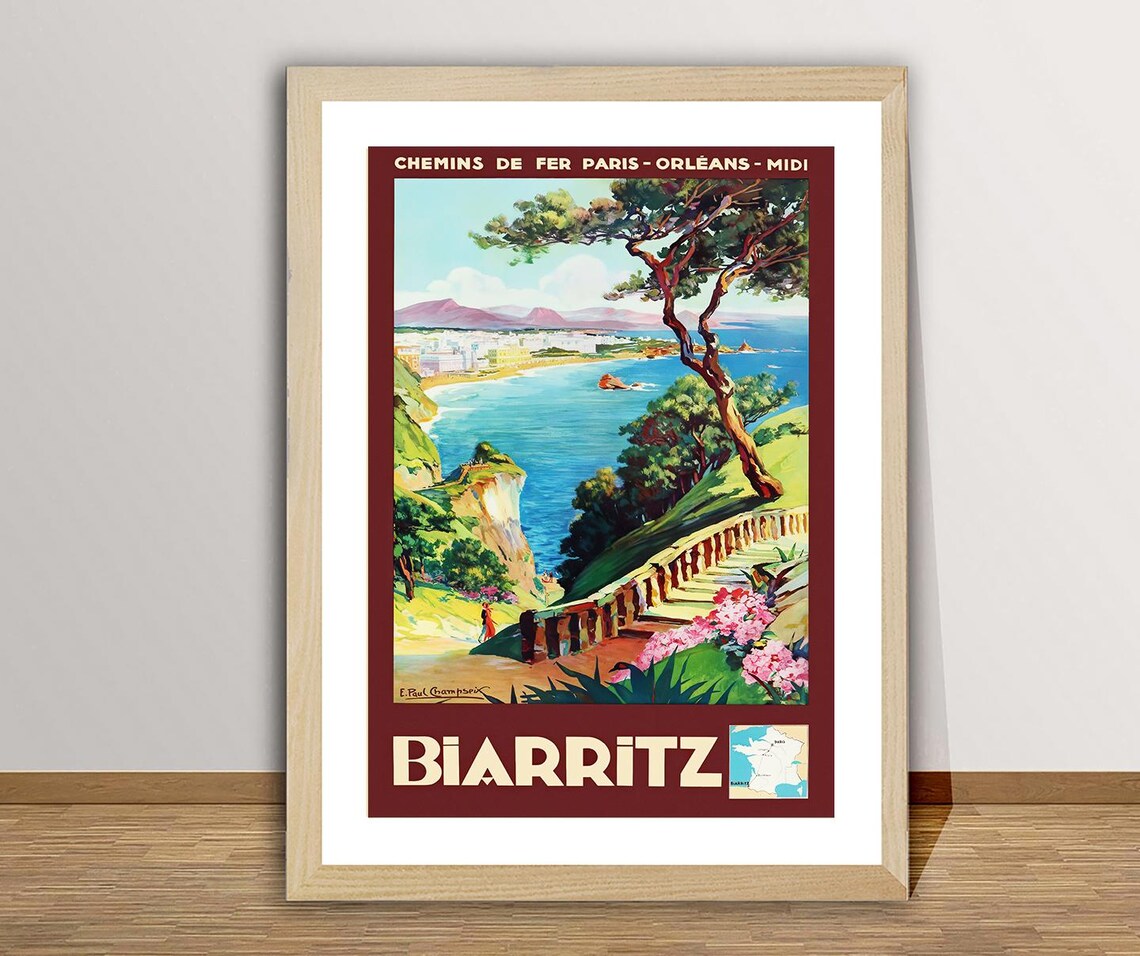Biarritz France Vintage Railway Coastal Staircase Travel Poster