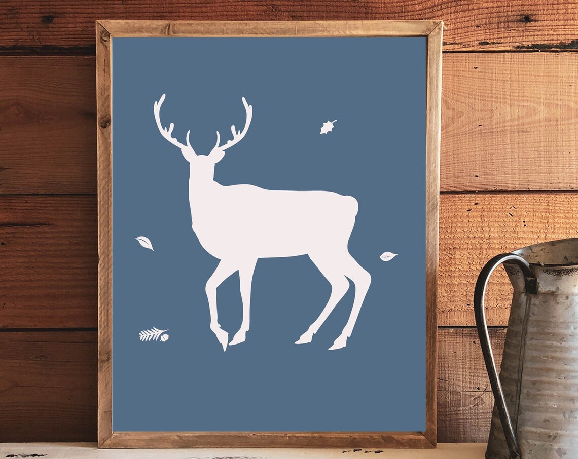 White Stag Deer Silhouette Dusty Blue Minimalist Woodland Antler Poster