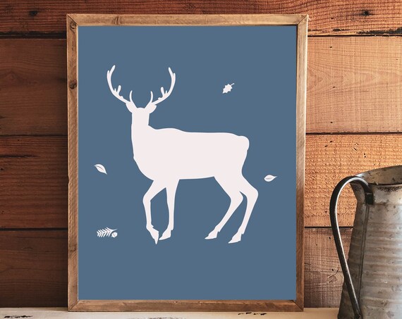 White Stag Deer Silhouette Dusty Blue Minimalist Woodland Antler Poster