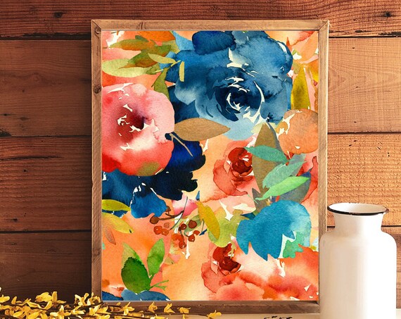 Orange and Teal Flower Collage Art Print