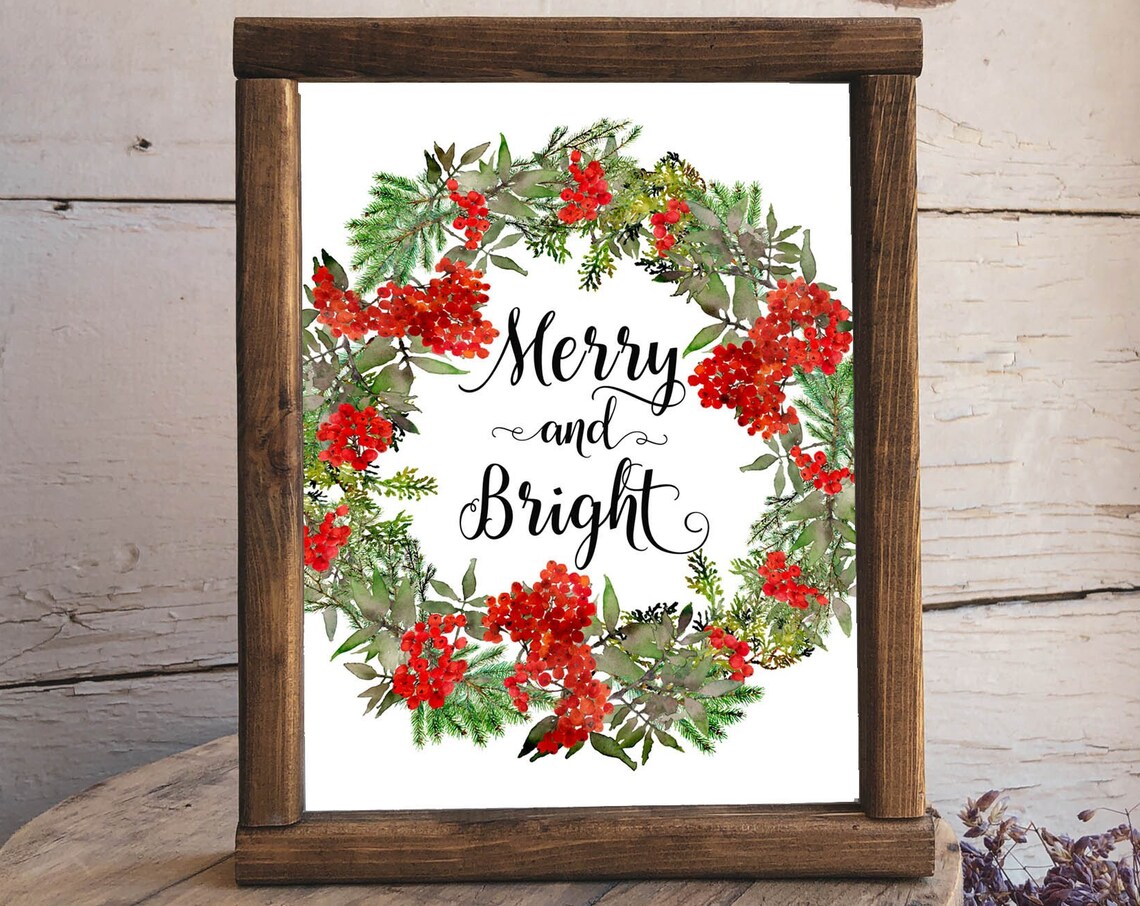 Merry and Bright Red Winterberry Wreath Watercolor Holiday Poster